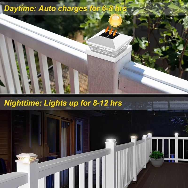 T-SUN Solar Post Cap Lights 6 Pack – Outdoor Waterproof Fence Lights for 3.5x3.5 4x4 5x5 5.5x5.5 Wood/Vinyl Posts, with 2 Brightness Modes Solar Deck Light for Patio, Garden, Porch(White) - Image 3